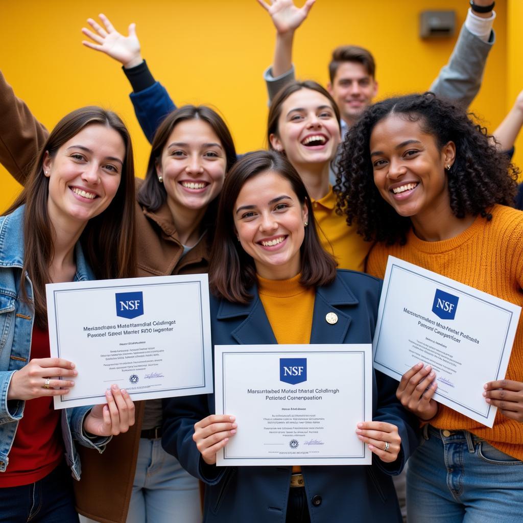 Group of diverse students celebrating winning an award