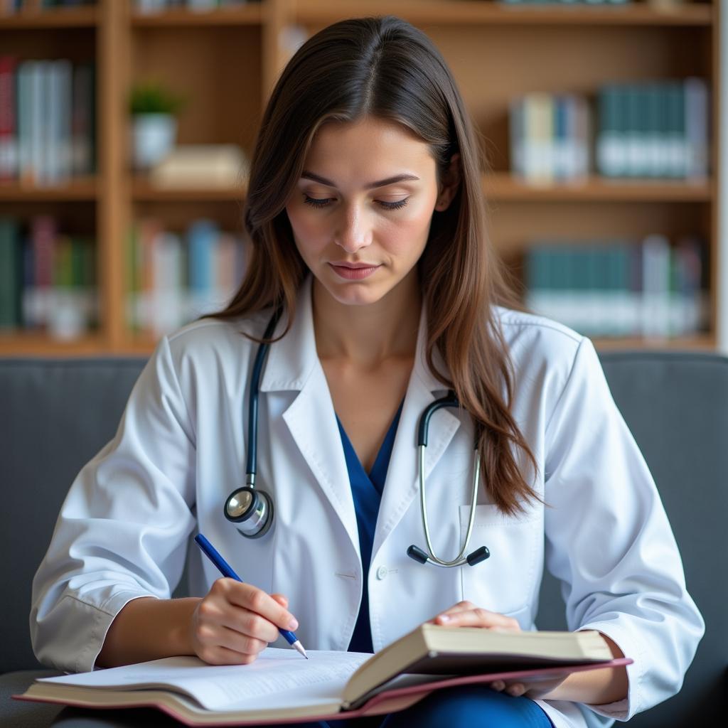 A nurse practitioner student engrossed in research methodology textbooks