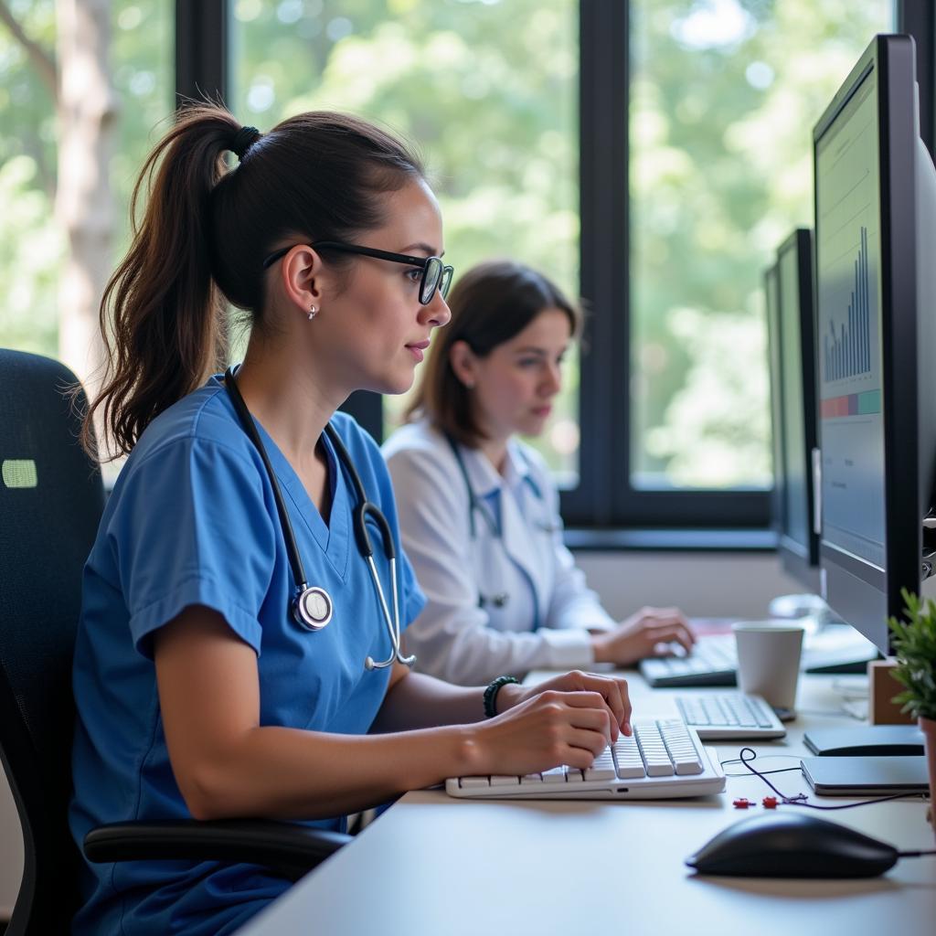 Nurse researcher analyzing data on a computer screen