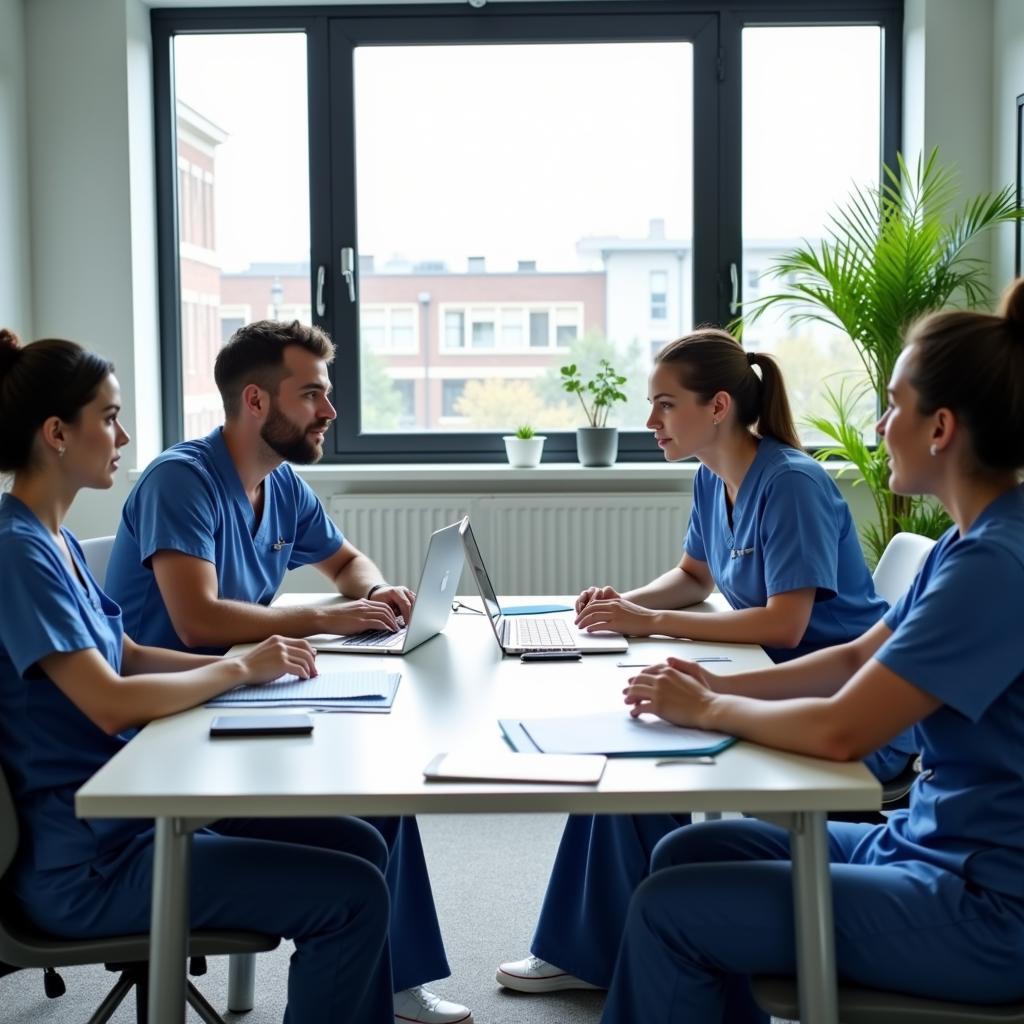  A group of nurses and researchers collaborating in a meeting room