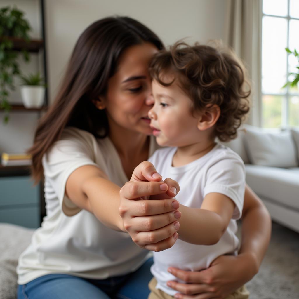 A caregiver providing nurturing touch to a child