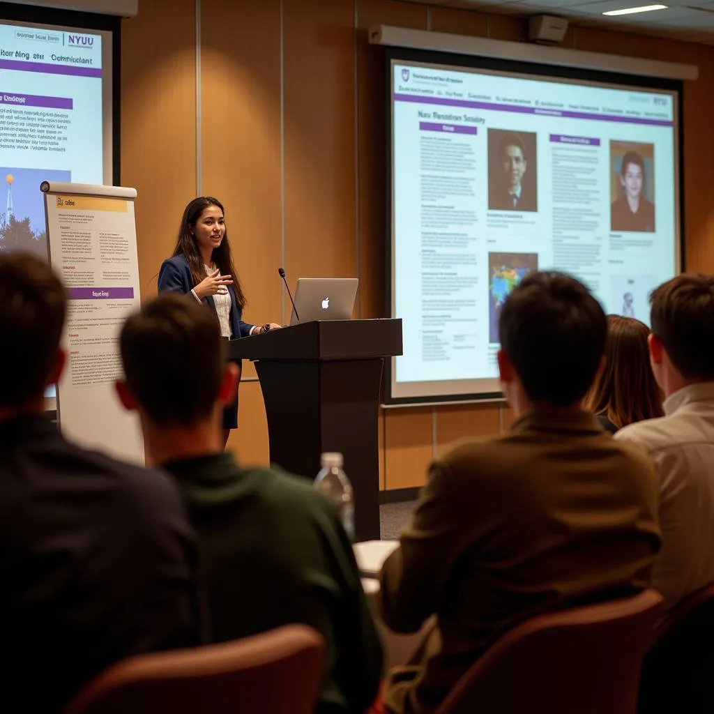 Student presenting research at a podium