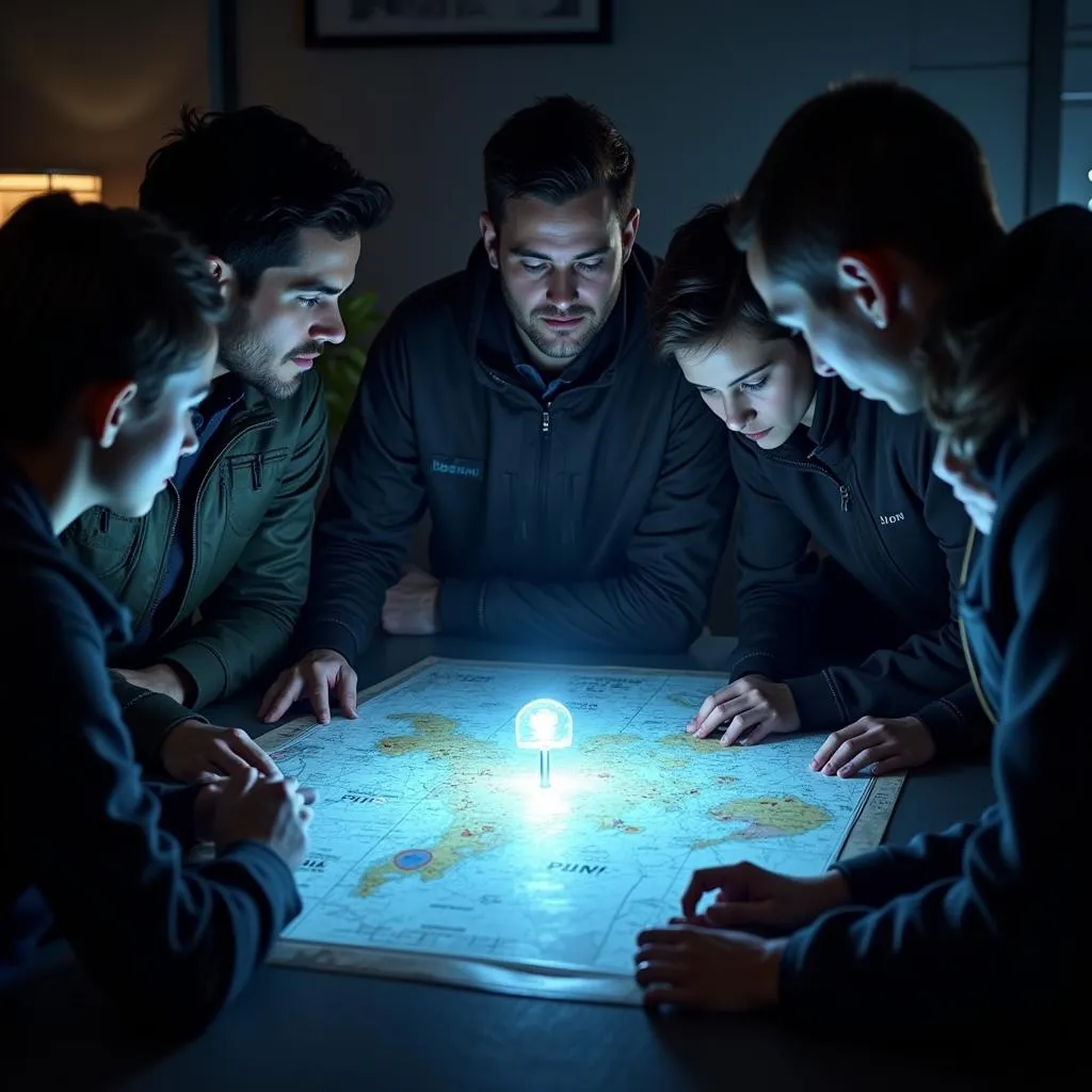 Players examining a map with a glowing weapon research voucher icon