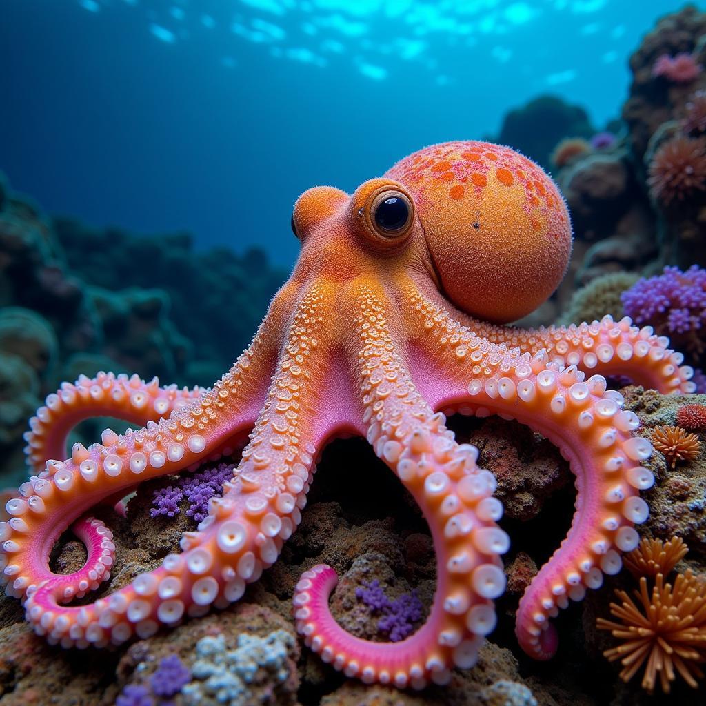 Octopus blending with coral reef