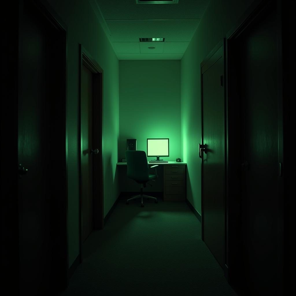 An office interior with an eerie green glow emanating from a computer screen