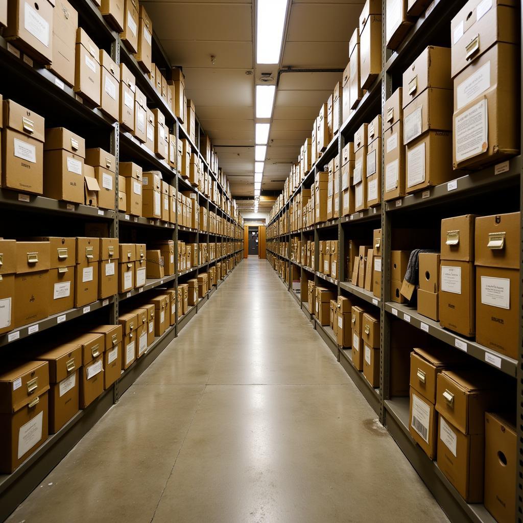 Rows of archival boxes in the Oklahoma Historical Society research center