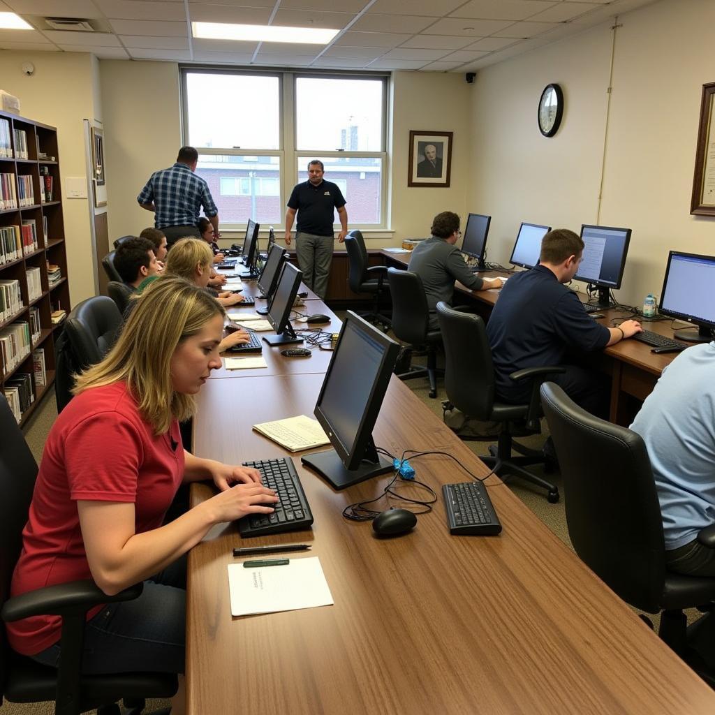 Researchers seated at tables examining documents and using computers in a brightly lit research room.