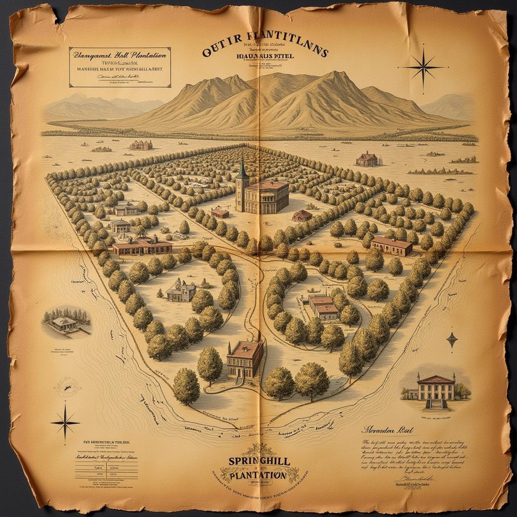 A faded, hand-drawn map depicting a sprawling plantation, with the words "Springhill Plantation" inscribed in elegant cursive.