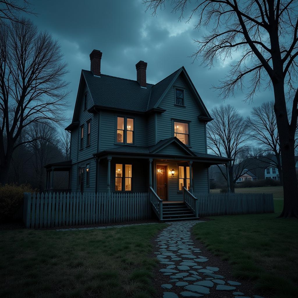 An old Victorian house at night with an eerie glow emanating from the windows.