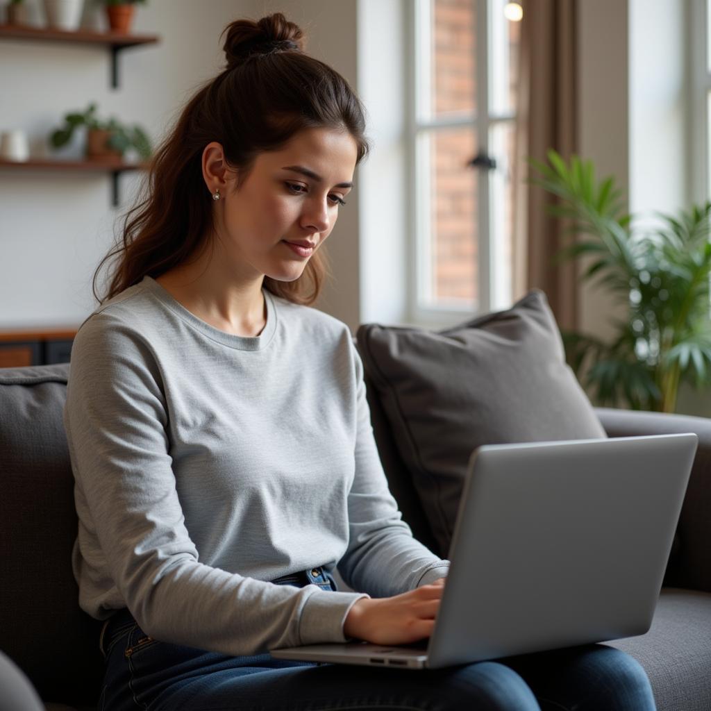 Woman Taking Online Survey on Laptop