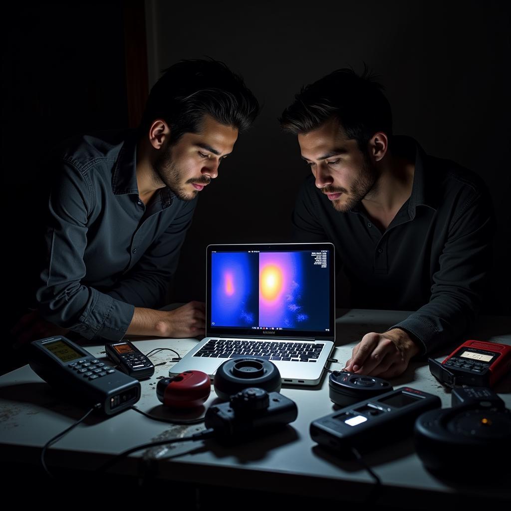 Paranormal investigators examining evidence