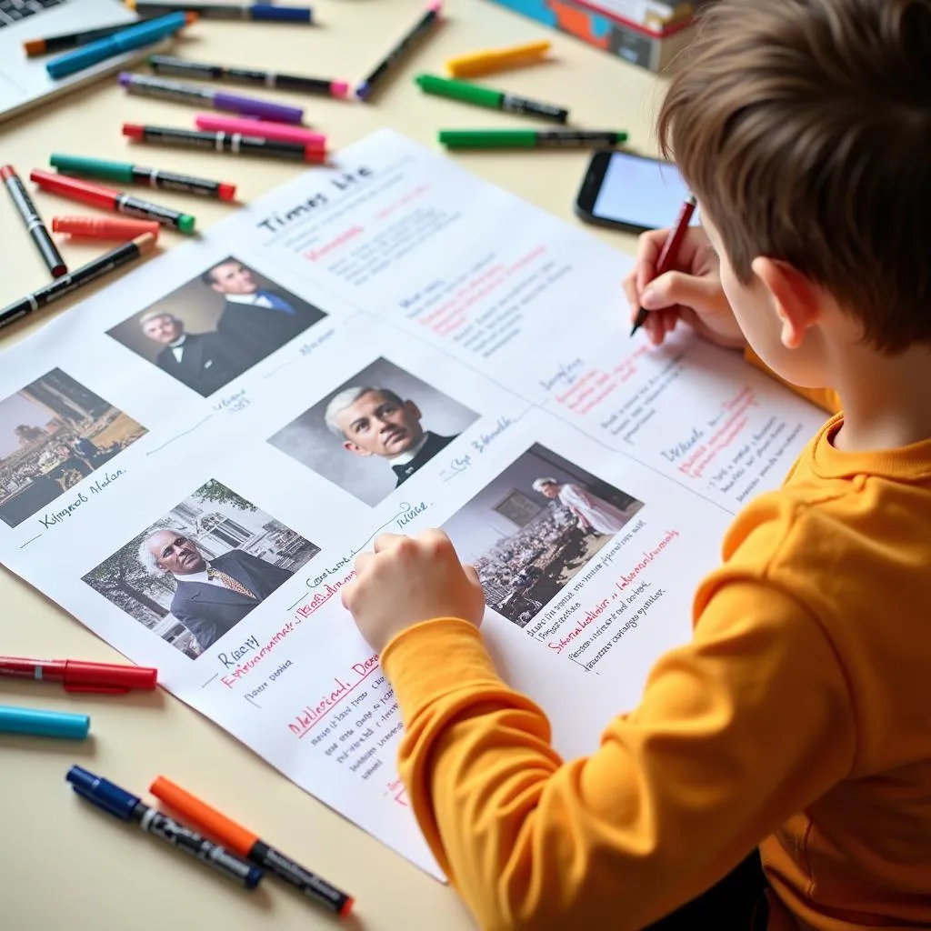 Child creating a timeline for a biography project