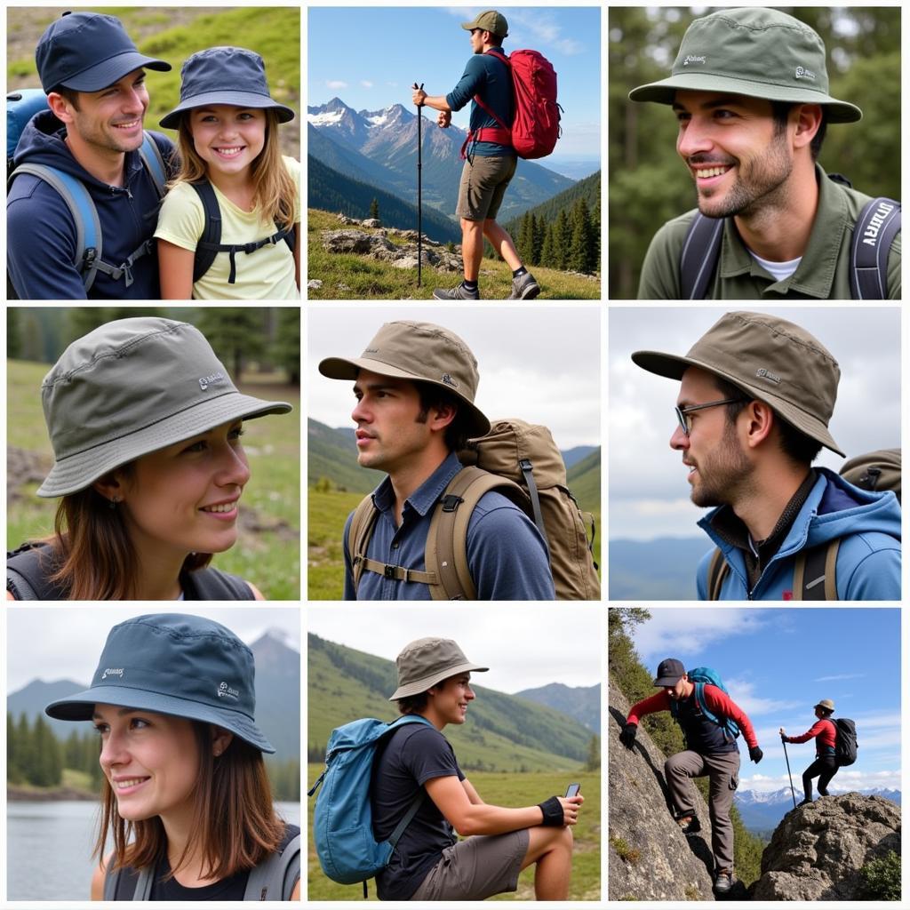 Hikers, backpackers, and climbers wearing Outdoor Research Trailbreaker hats on various outdoor adventures