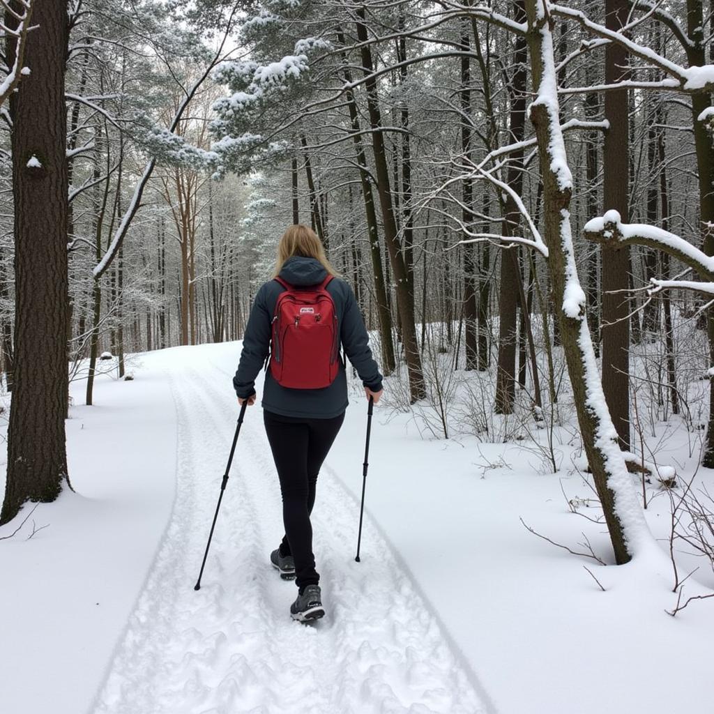 Woman hiking in Outdoor Research Allies Colossus Parka