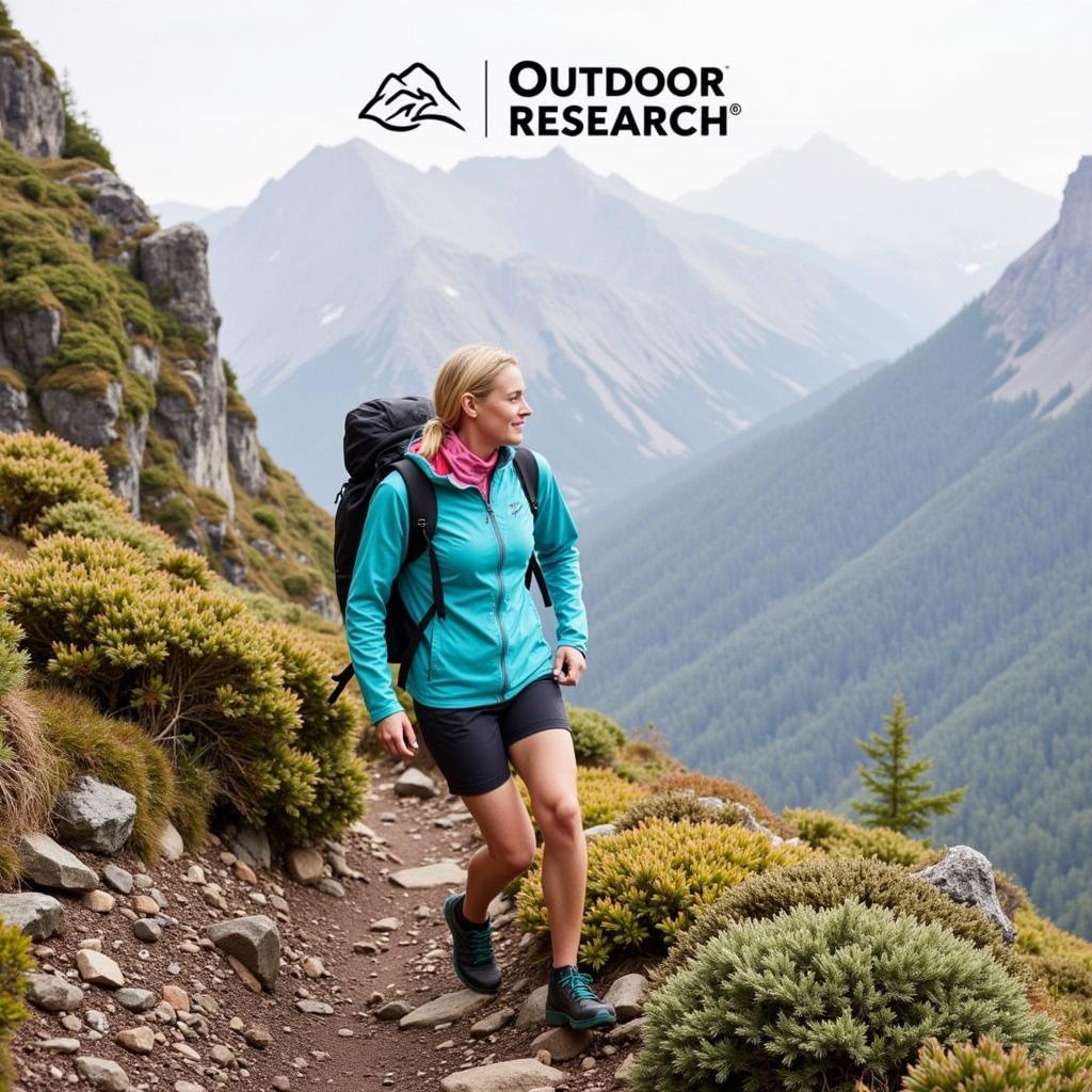 Woman hiking in the Outdoor Research Aspire II Gore-Tex Jacket