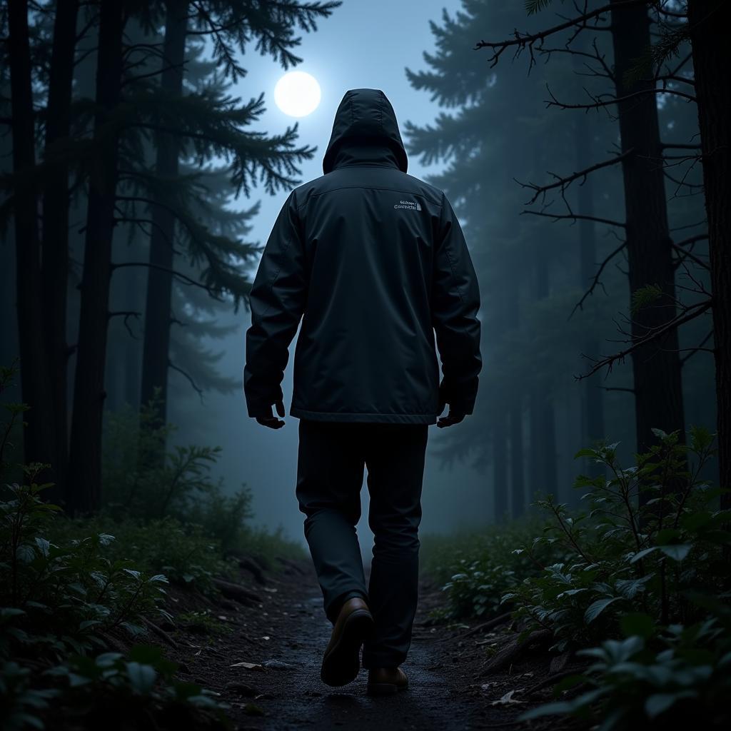 Paranormal investigator wearing Outdoor Research Aspire jacket in a forest