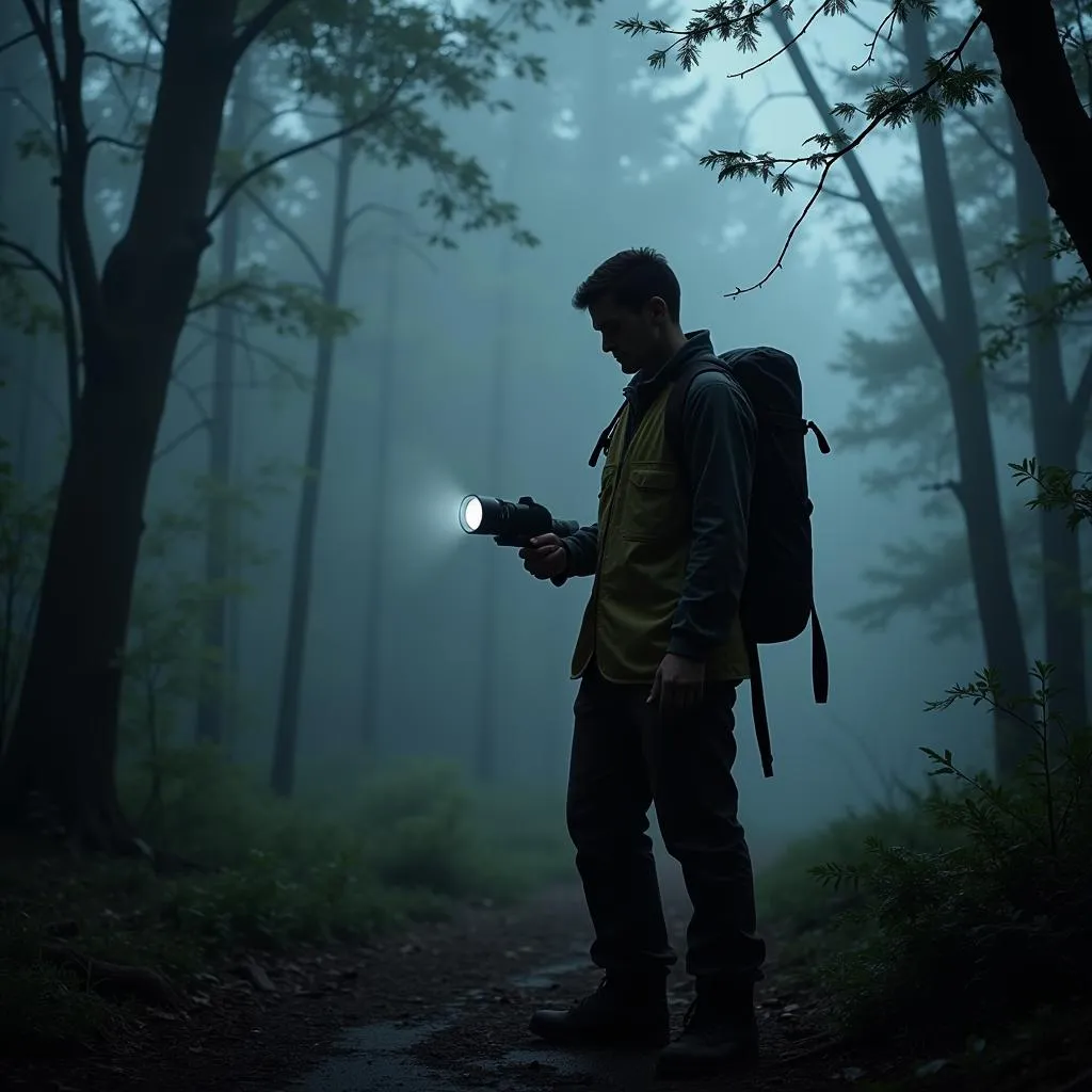 Paranormal investigator wearing Outdoor Research bibs in a foggy forest