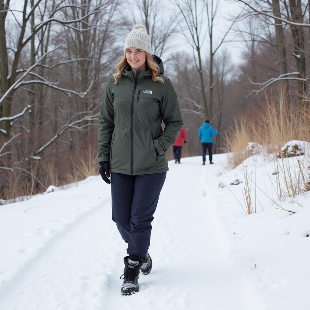 Woman Hiking in Outdoor Research Coze Down Parka