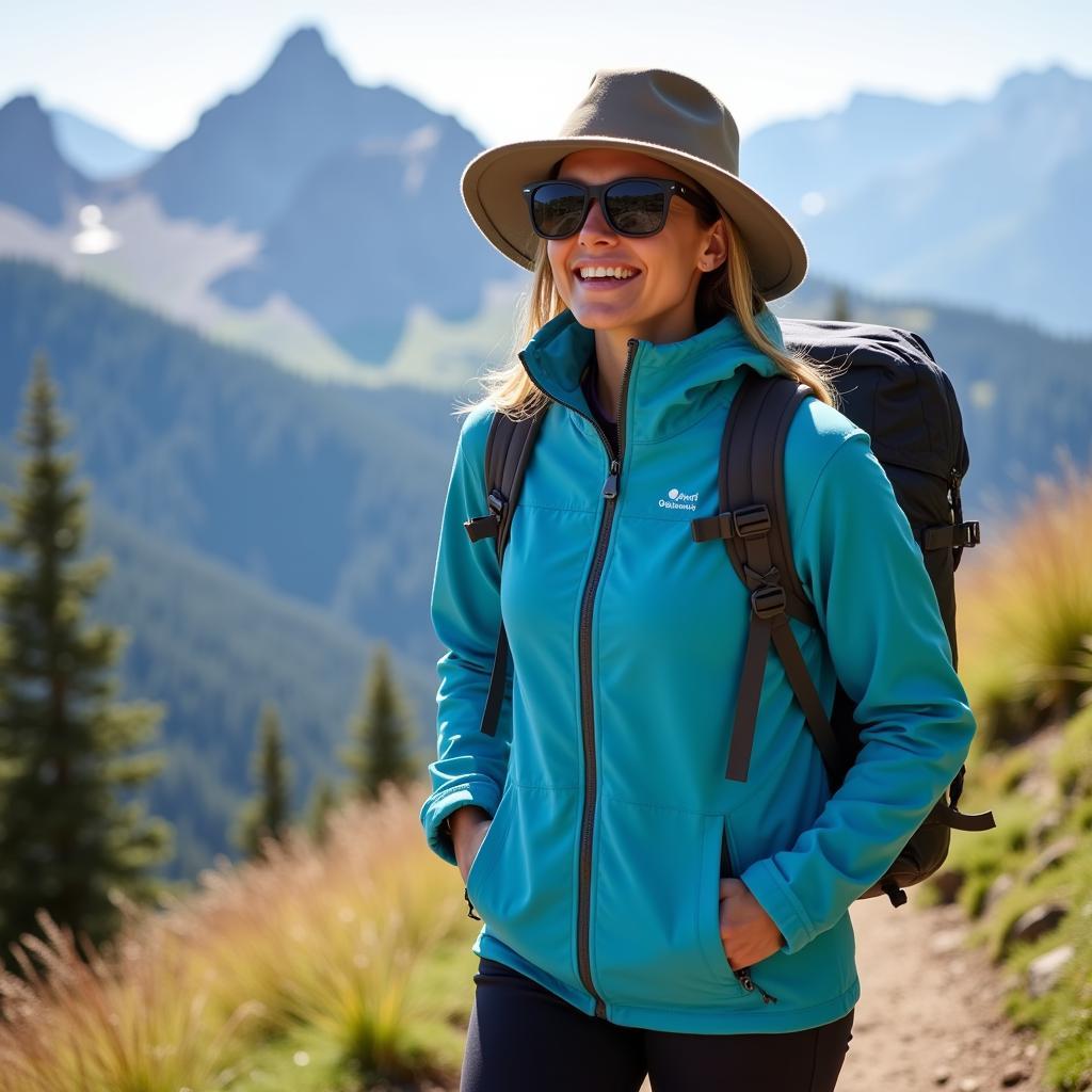 Woman hiking in the mountains wearing the Outdoor Research Echo Hoodie