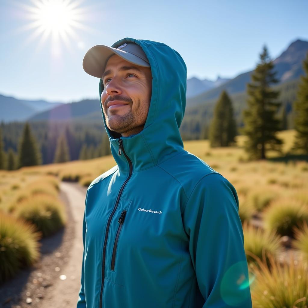 Outdoor Research Echo Sun Hoodie worn by a hiker