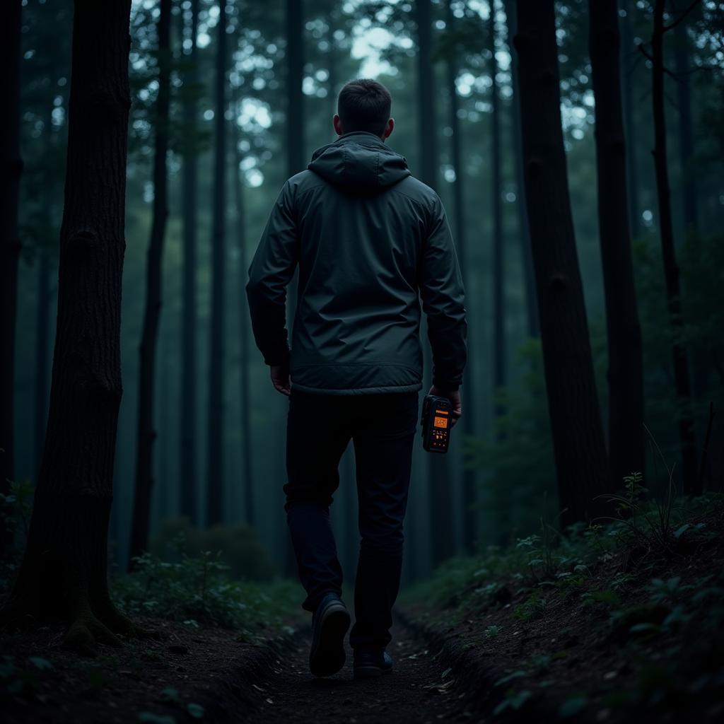 Paranormal investigator wearing an Outdoor Research Ferrosi jacket in a dark forest