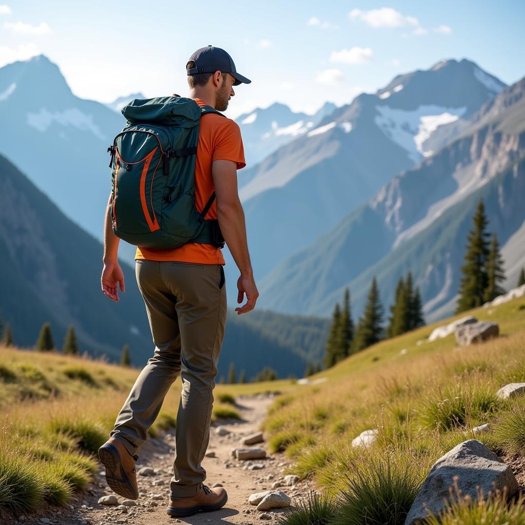 A man wearing Outdoor Research Ferrosi Pants confidently hikes on a scenic mountain trail.