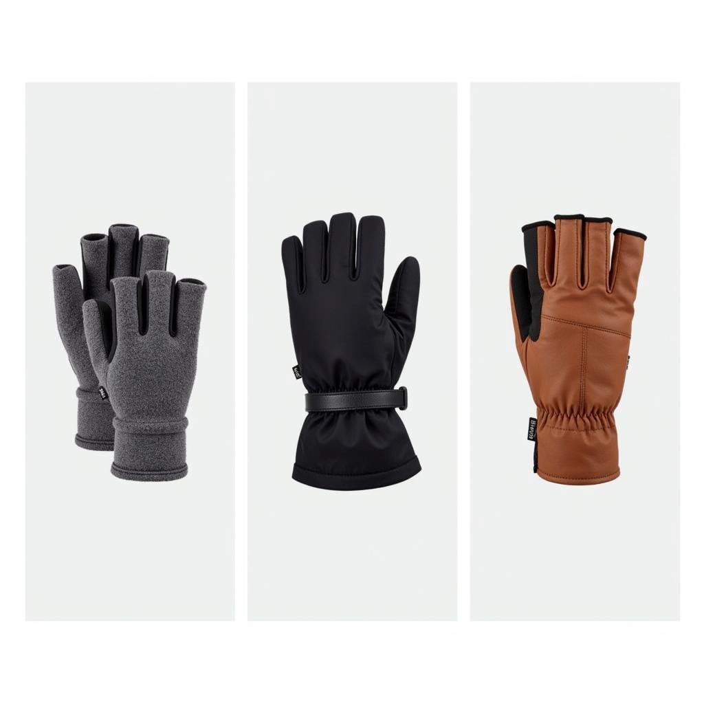 Different materials for outdoor research fingerless gloves: fleece, softshell, and leather.