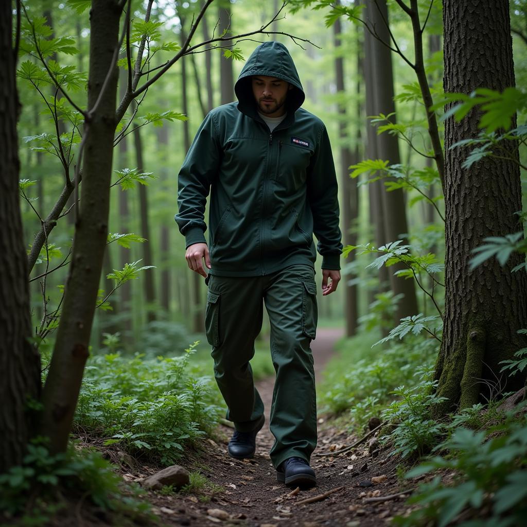 Paranormal investigator navigating a rugged, overgrown path in Outdoor Research Foray Pants