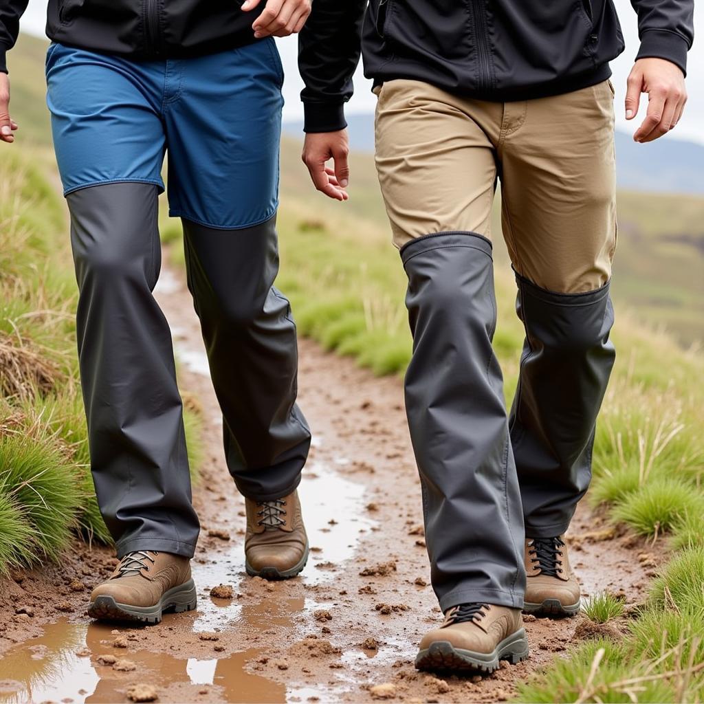 Hikers wearing Outdoor Research gaiters on a muddy trail