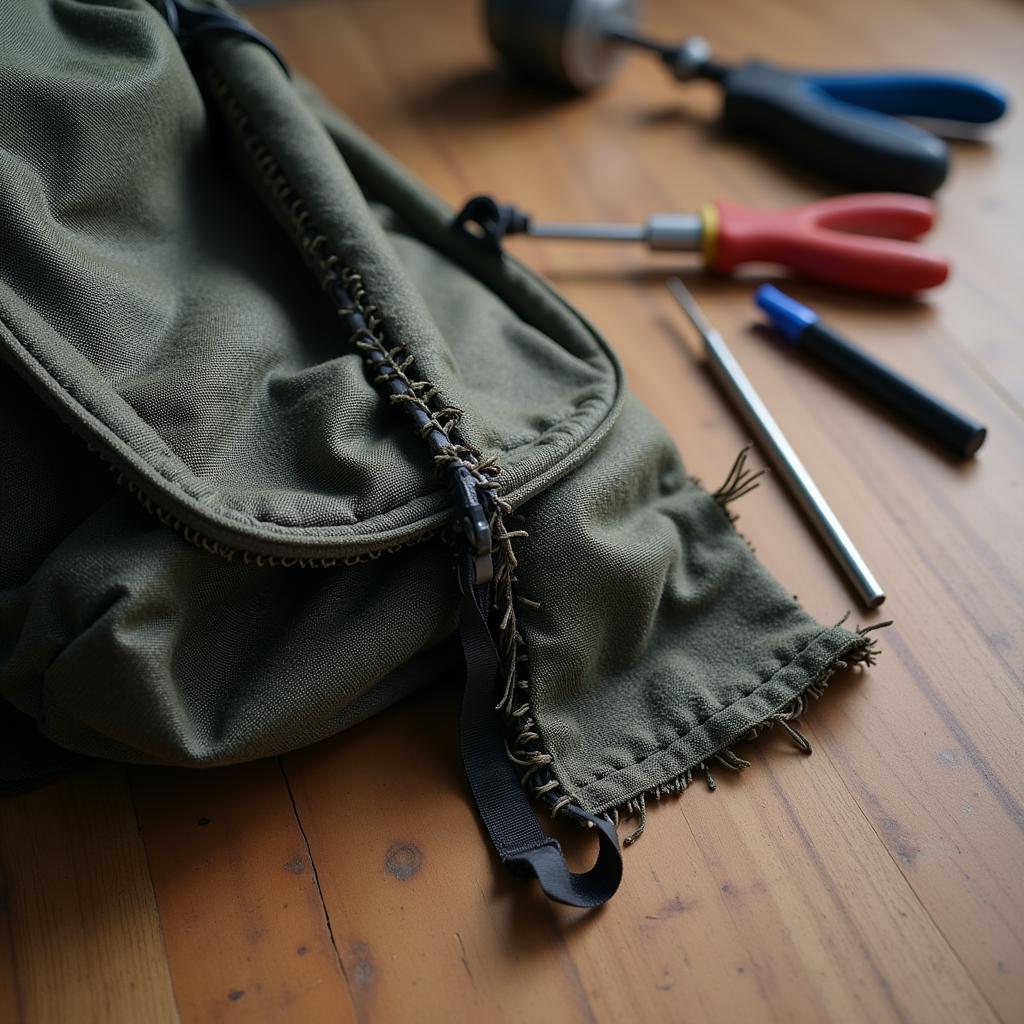 Outdoor Research gear repair: A torn backpack being assessed for repair.