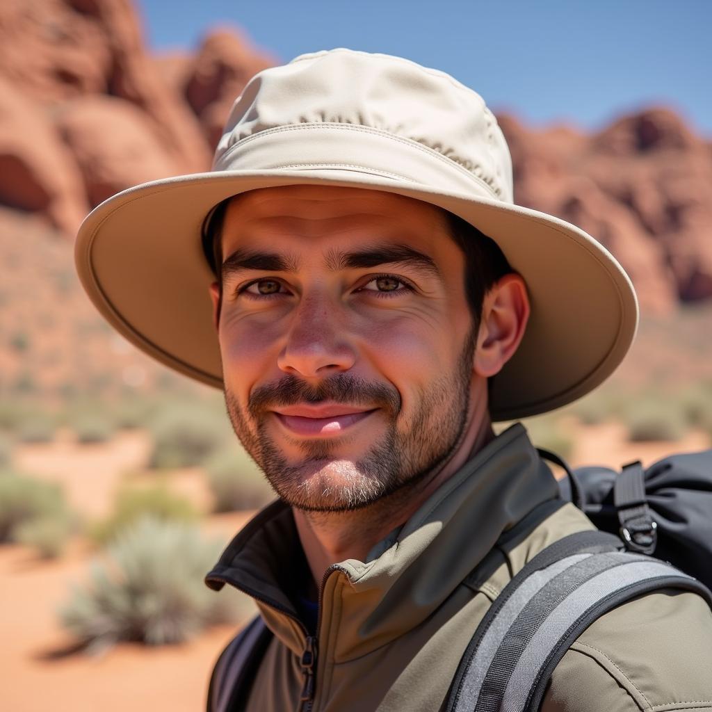 Outdoor Research hat with neck flap worn by a hiker in the desert