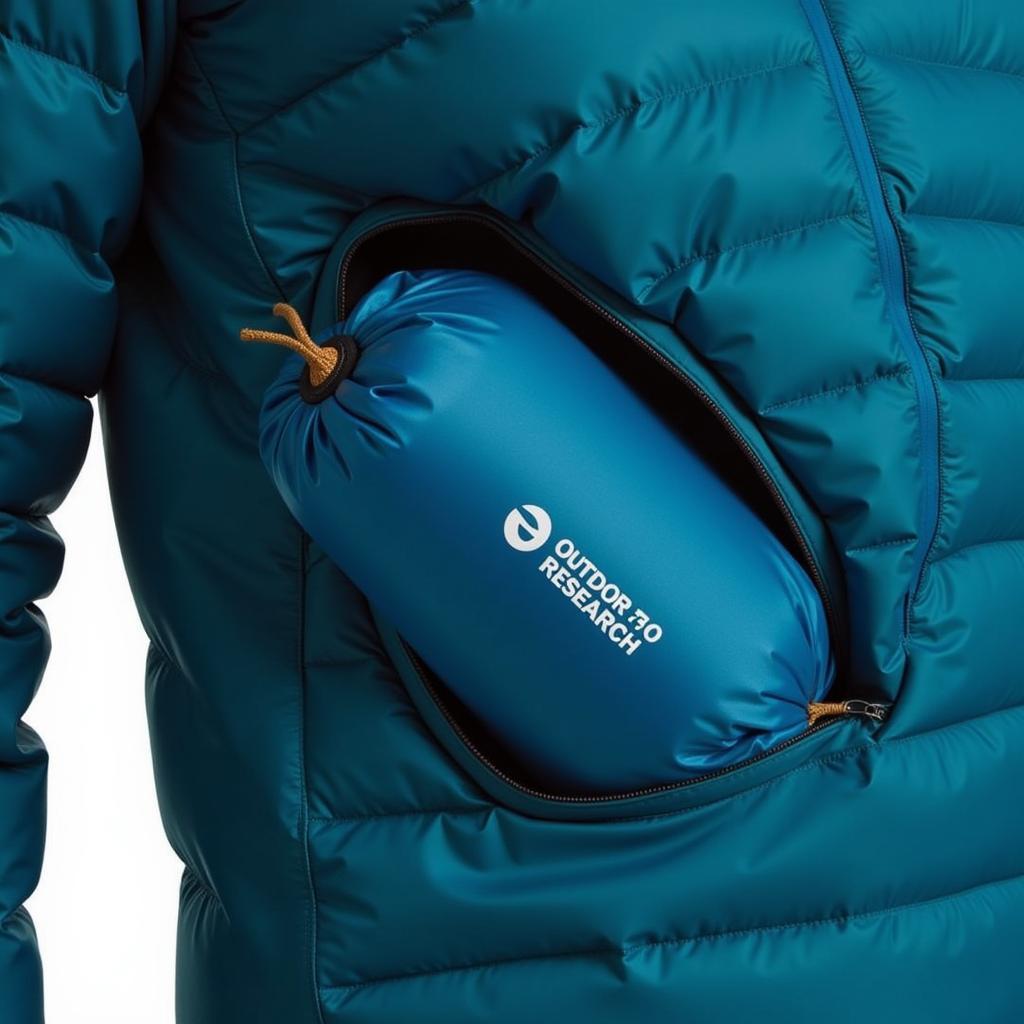 Outdoor Research Helium Down Jacket packed into its pocket