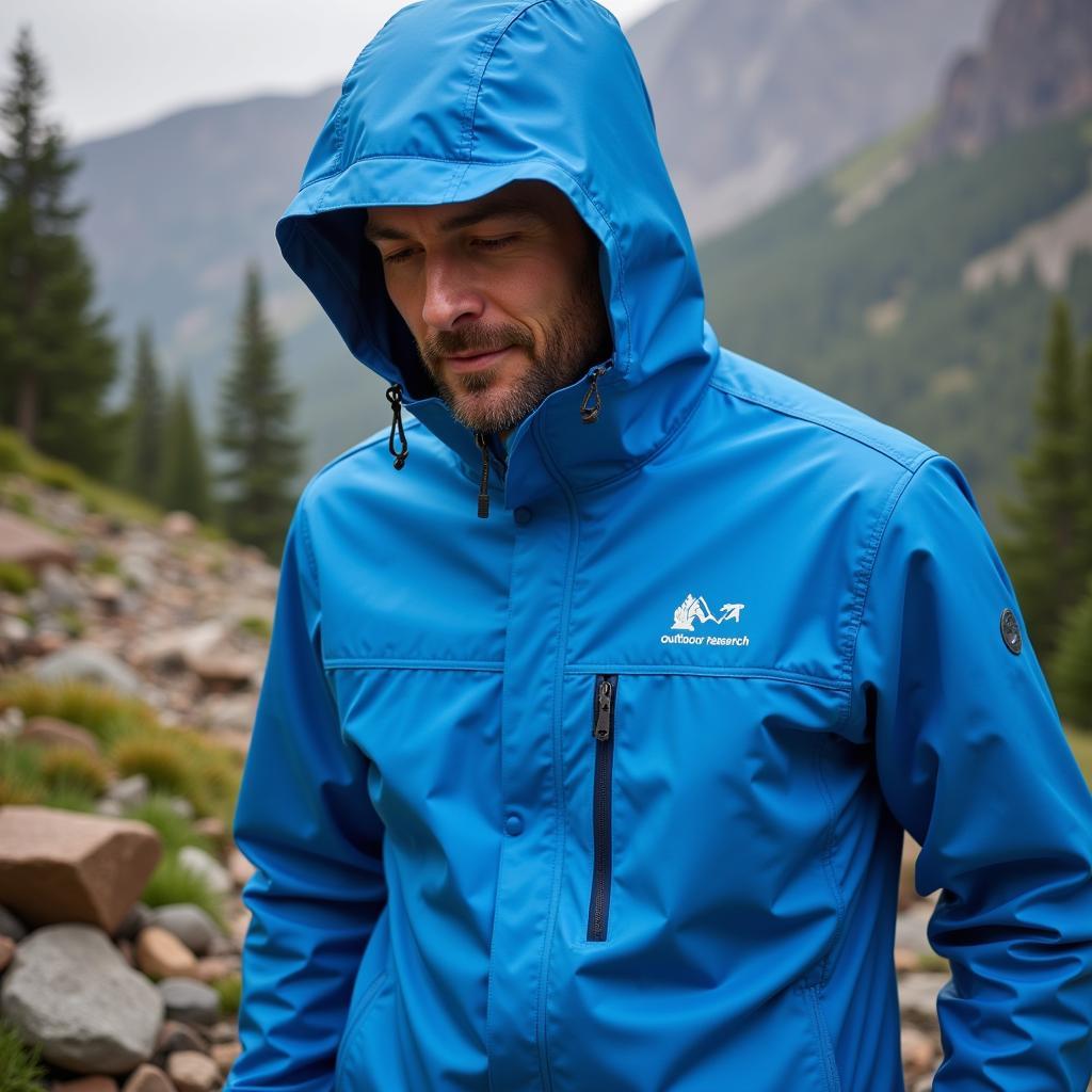 Man hiking in the mountains wearing an Outdoor Research Helium Rain Jacket