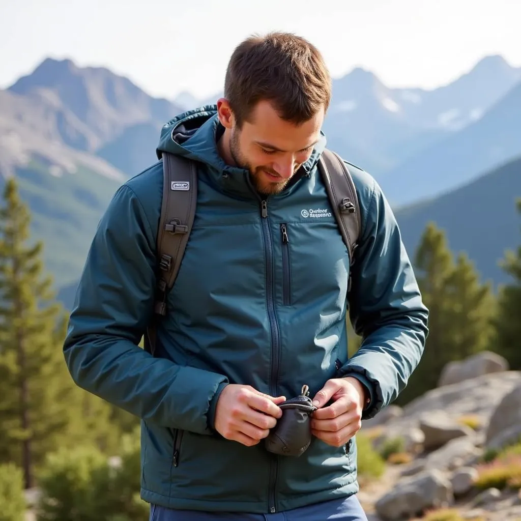 Man packing Outdoor Research Men's Helium Down Jacket into its pocket