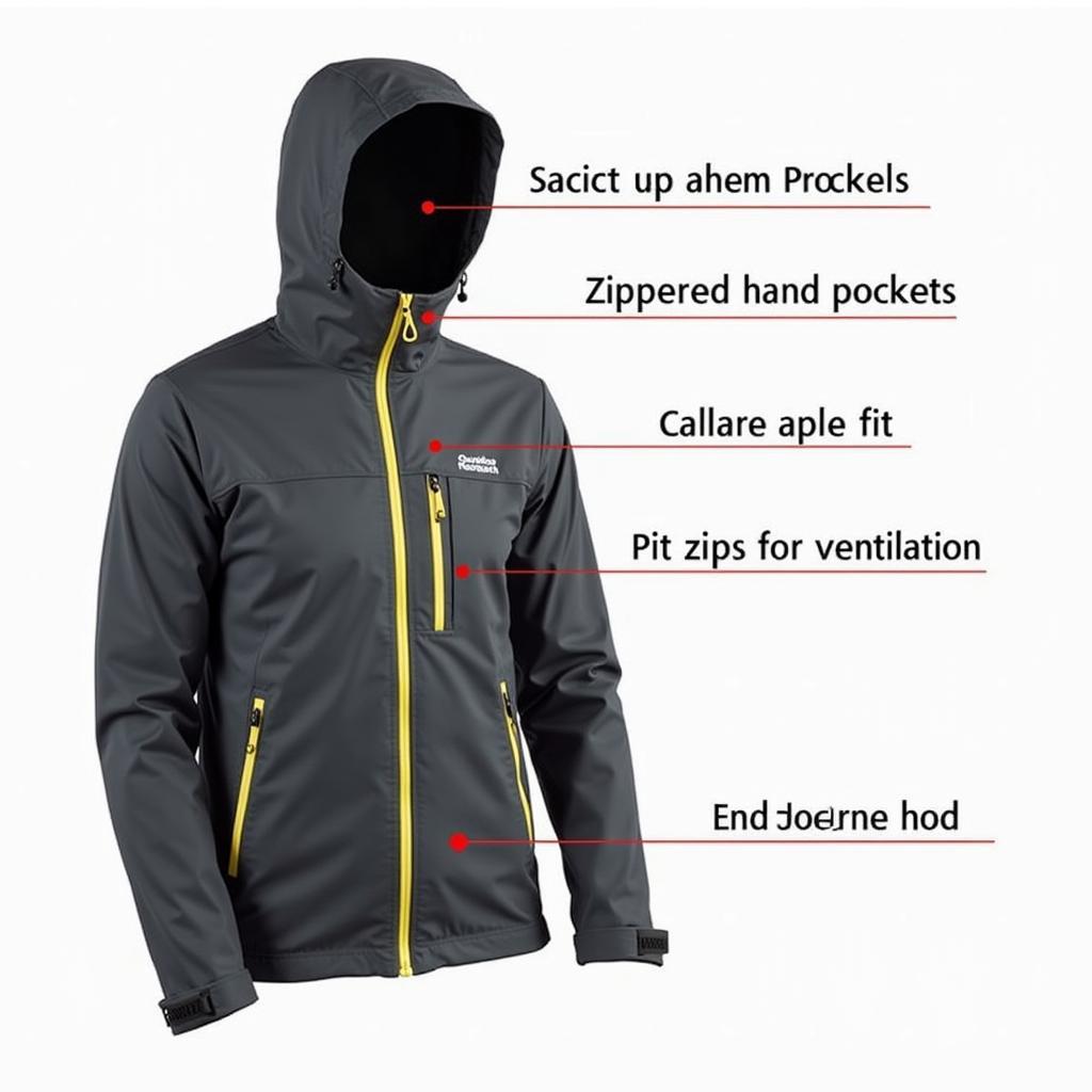 Close-up of the Outdoor Research Motive Ascentshell jacket's features, including the zippered pockets and adjustable hood