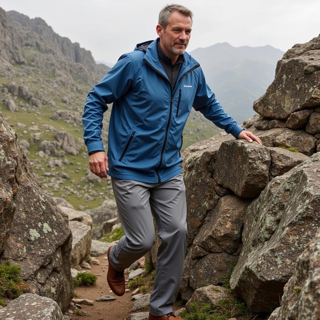 Man hiking in the mountains wearing the Outdoor Research Motive Ascentshell jacket