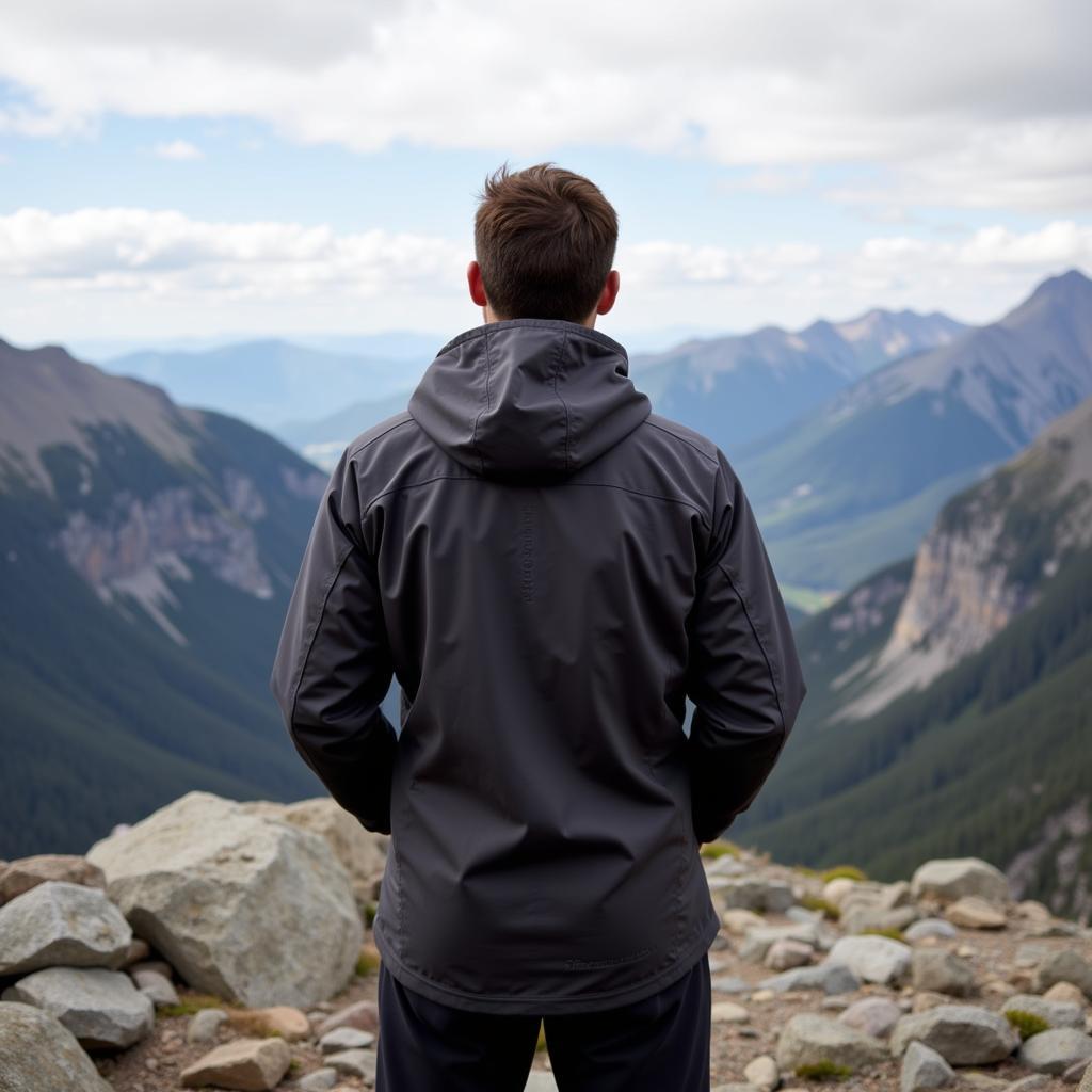 Hiker wearing Outdoor Research Shadow Wind Hoodie on a windy ridge