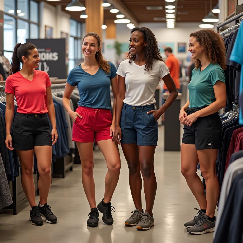 Women trying on different sizes of Outdoor Research shorts