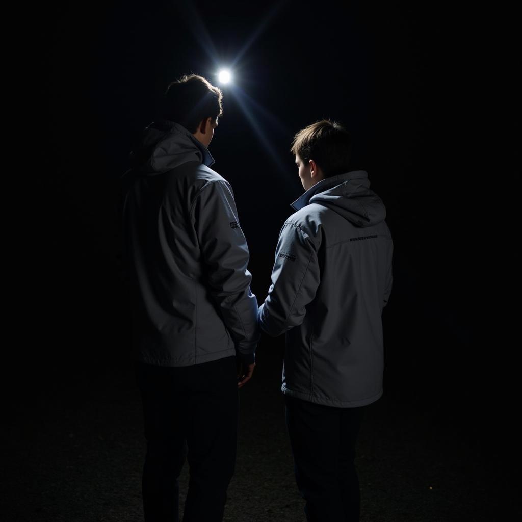 Paranormal investigators wearing Outdoor Research StratoBurst jackets during a night investigation