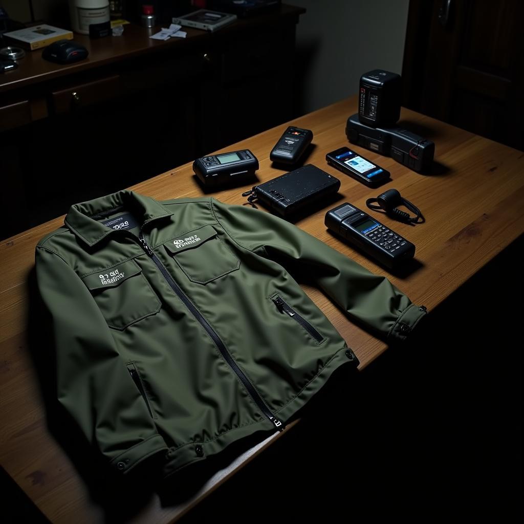 Paranormal investigation equipment and Outdoor Research StratoBurst jacket laid out on a table