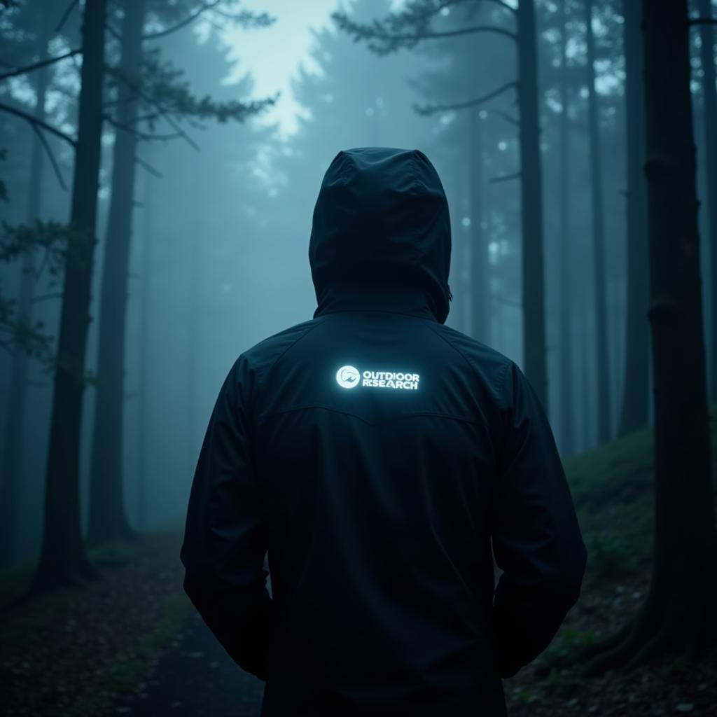 Paranormal investigator wearing Outdoor Research StratoBurst jacket in a foggy forest