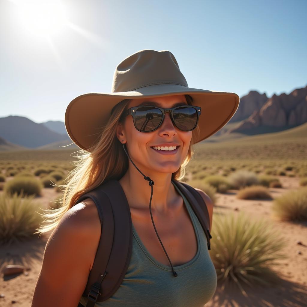 Woman hiking in desert wearing Outdoor Research Whitefish hat