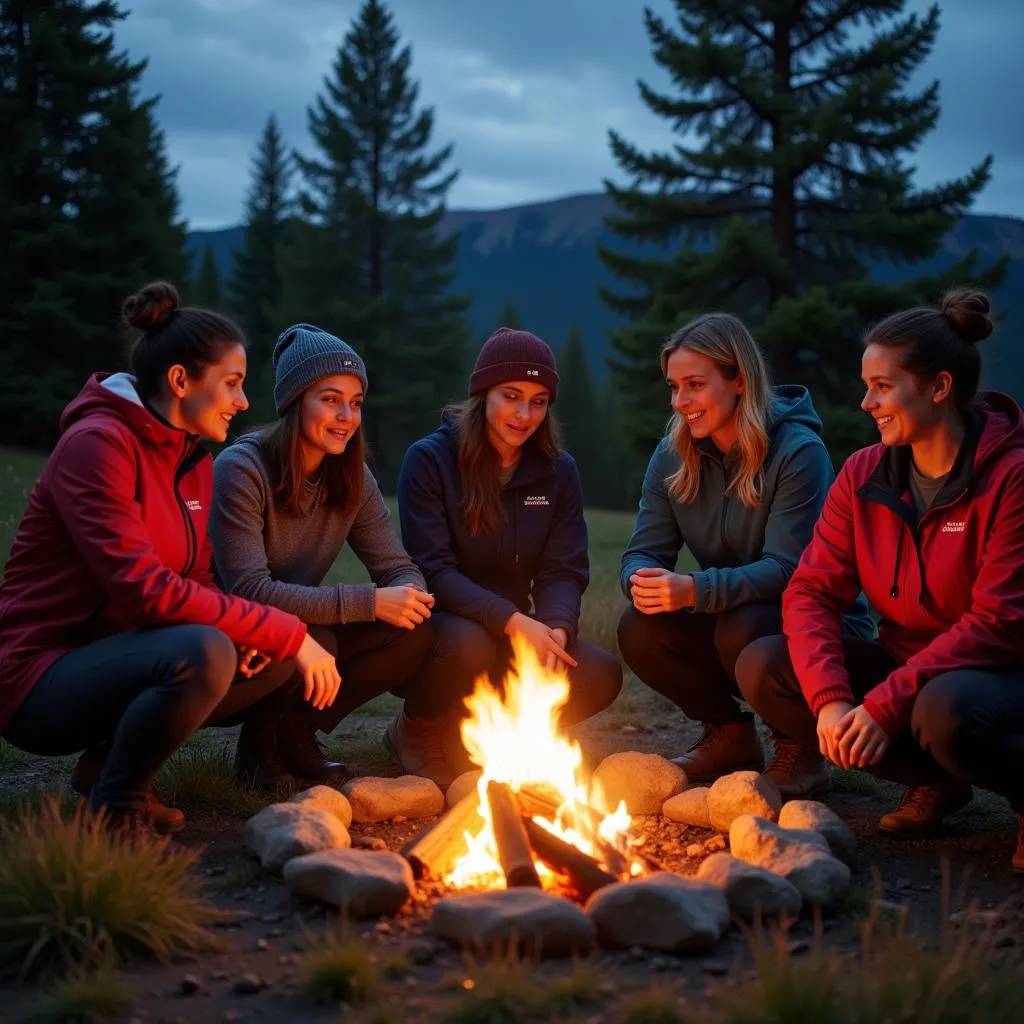 Group of women camping and wearing Outdoor Research