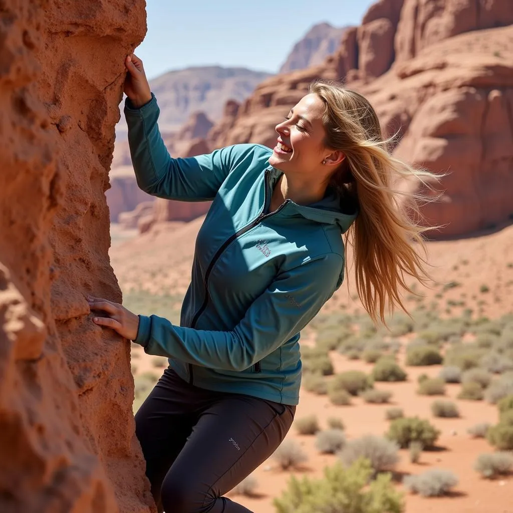 A woman wearing the Outdoor Research Women's Echo Hoody while rock climbing in the desert