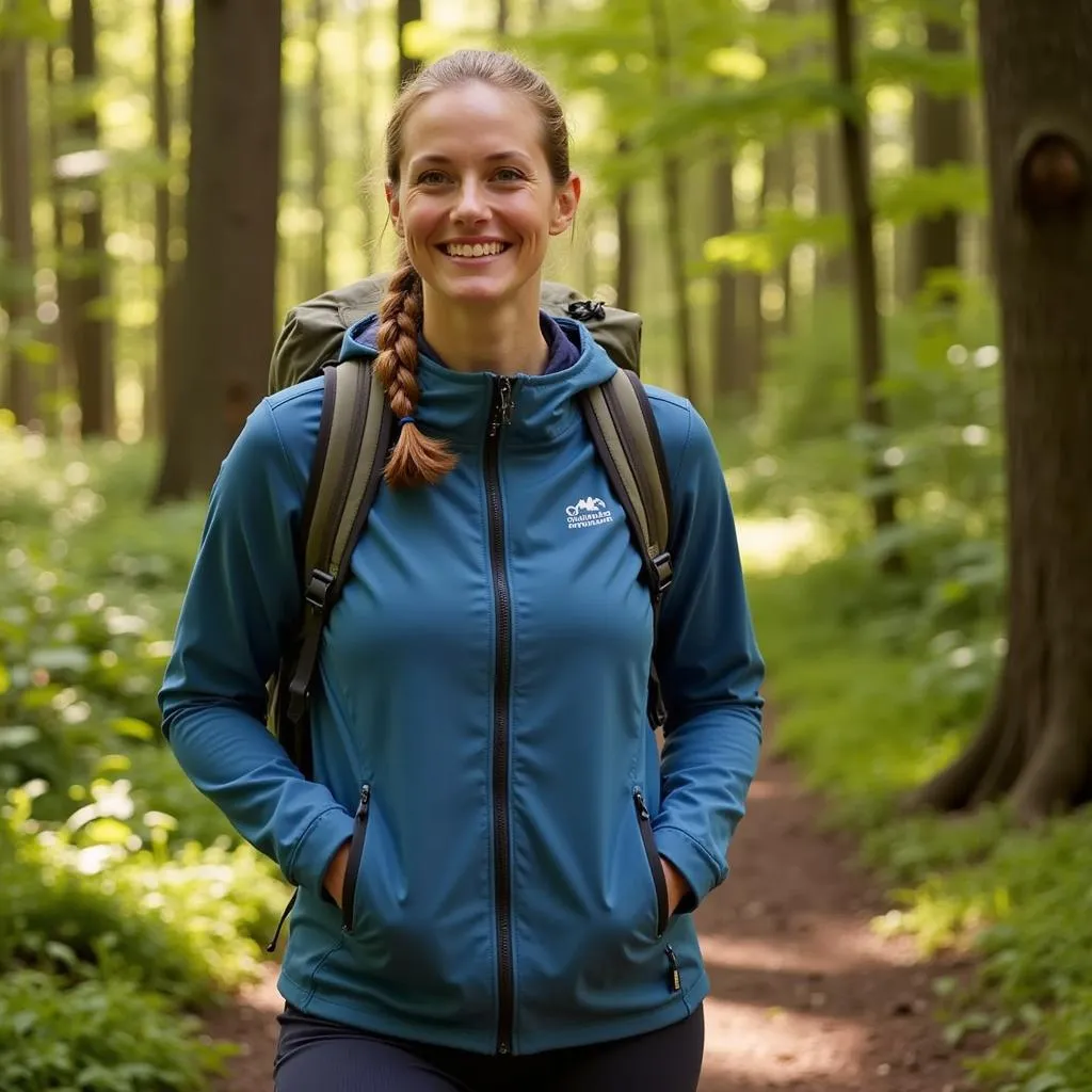 A woman wearing the Outdoor Research Women's Echo Hoody while hiking in a sunny forest