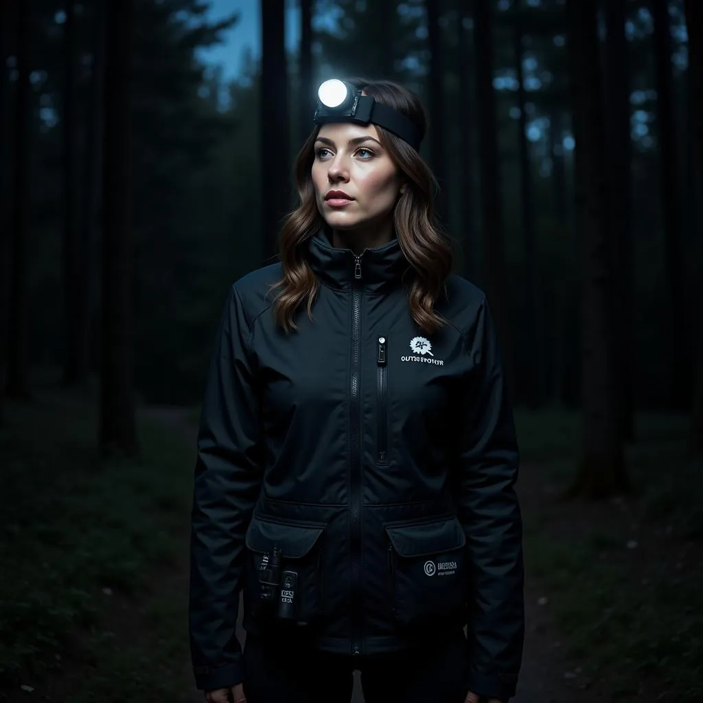 Woman wearing an Outdoor Research jacket with paranormal investigation gear