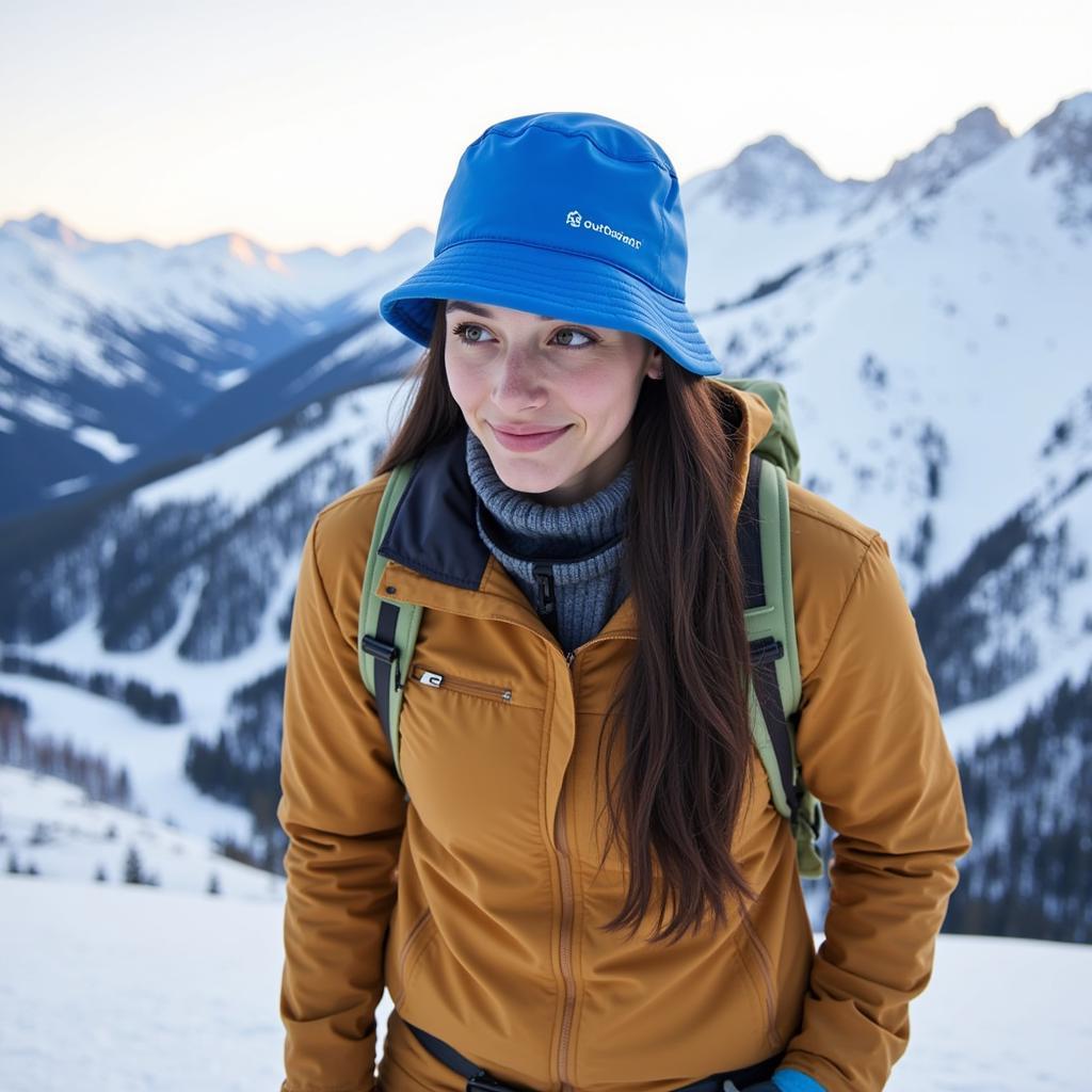 A person wearing the Outdoor Research Yukon Cap while hiking in a snowy landscape