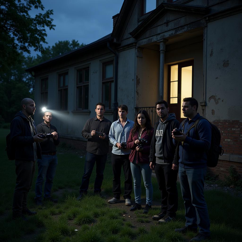 Paranormal research team exploring an abandoned building