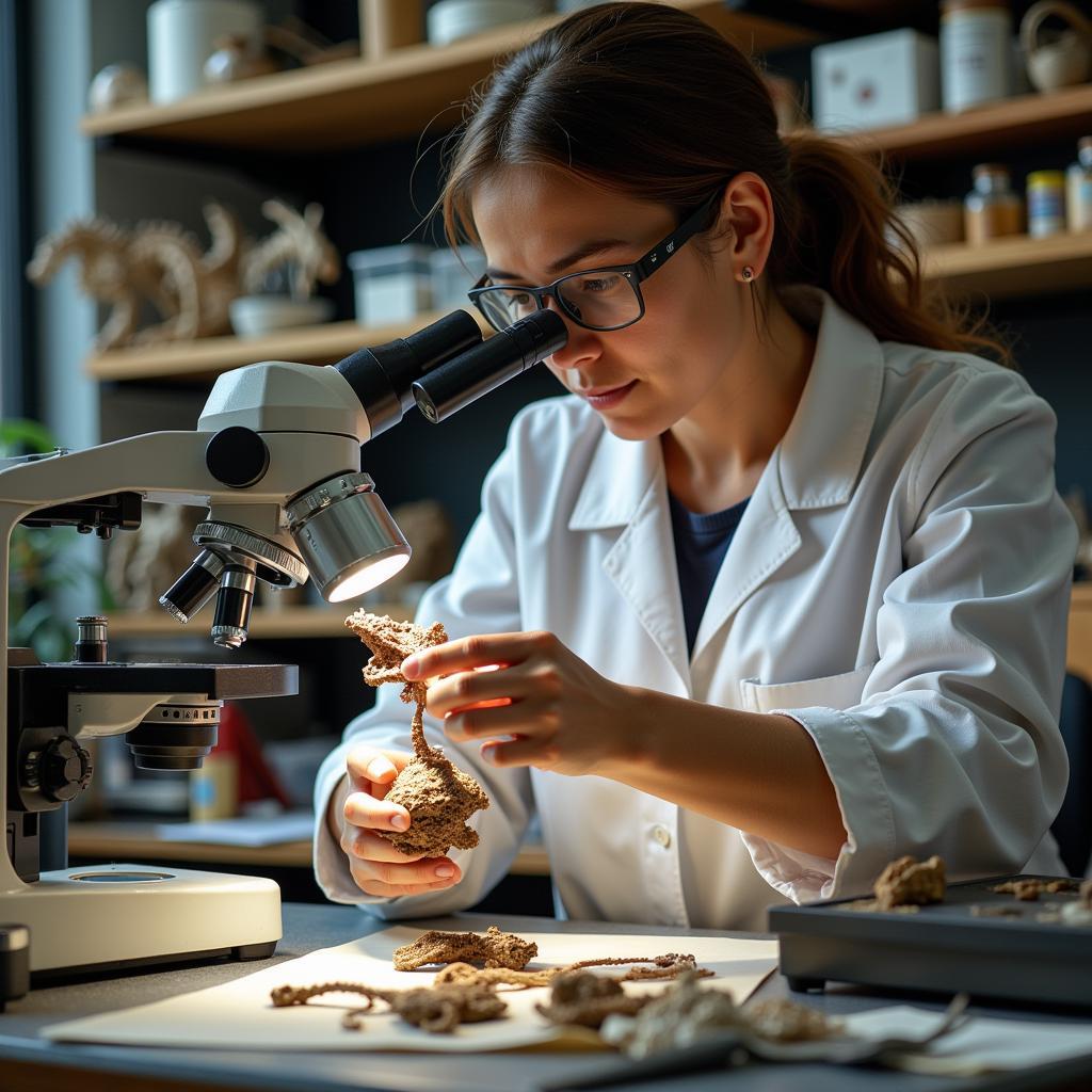 A paleontologist examining a dinosaur fossil in a laboratory