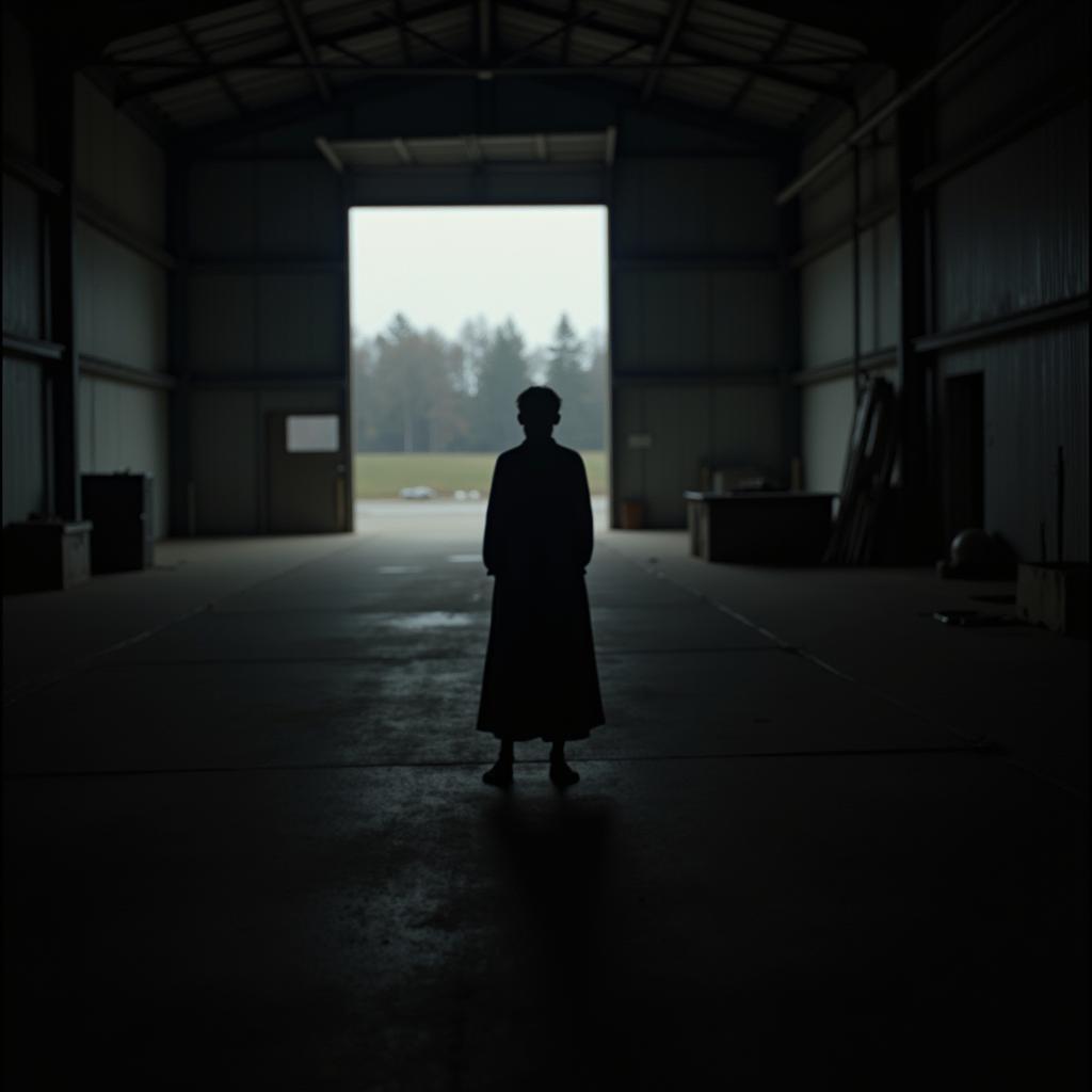 A blurry figure standing near a hangar at night